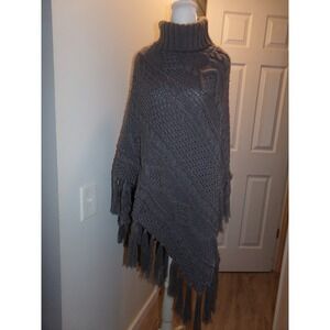 2 Chic Cable Knit Fringe Poncho Turtleneck Sweater Boho Gray One Size